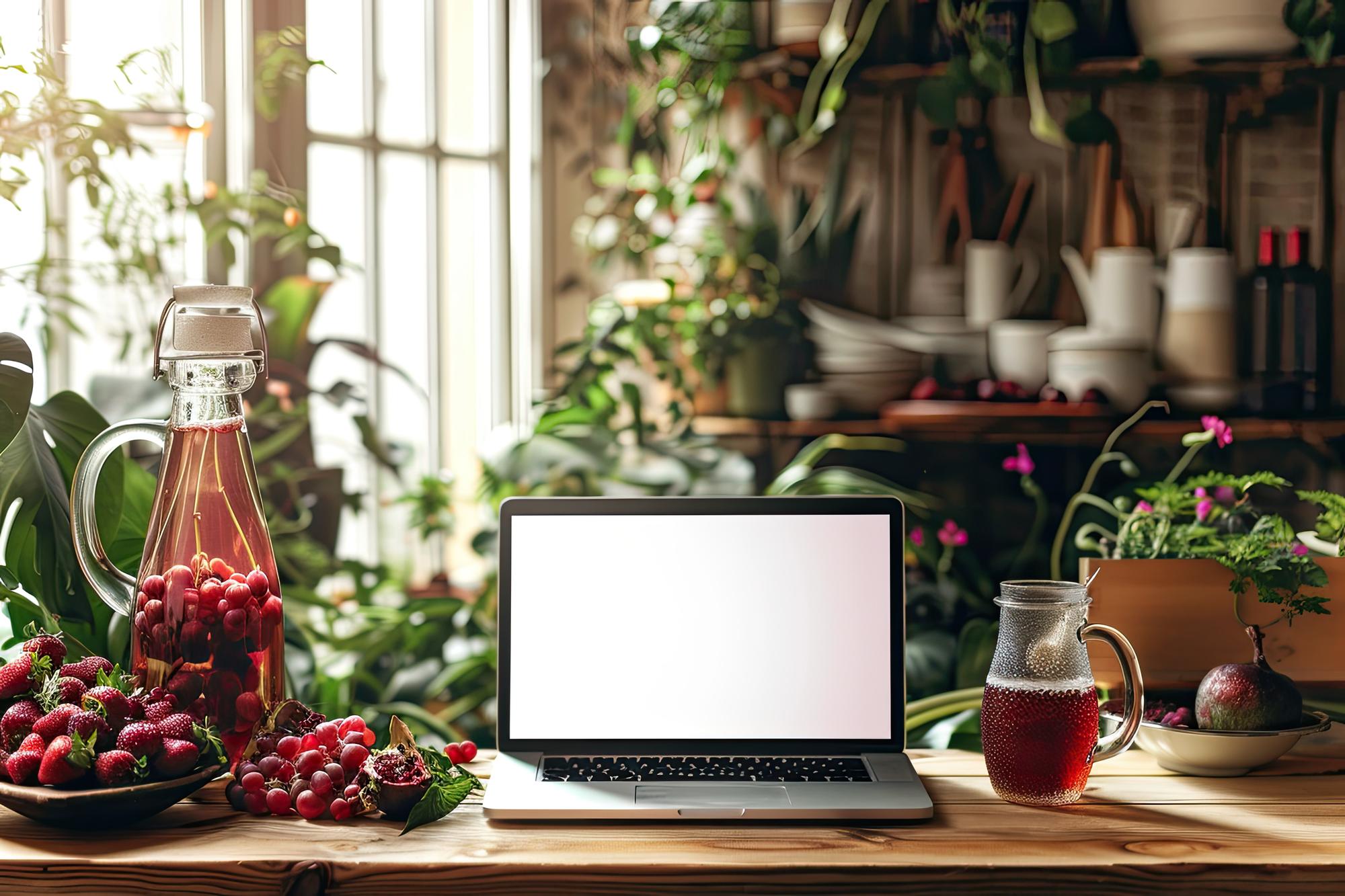 Cozy kitchen workspace with herbs and laptop